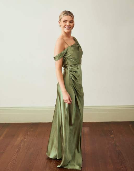 Six Stories Bridesmaid satin asymmetric cowl neck maxi dress in moss green, 4 of 4