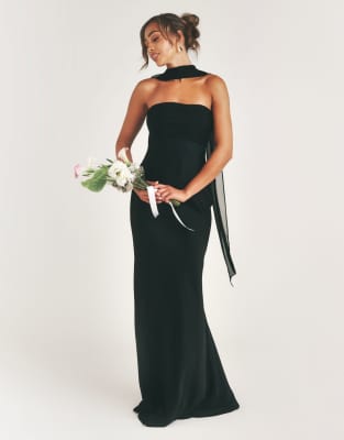 Six Stories Bridesmaid Satin Bandeau Scarf Detail Bias Maxi Dress In Black