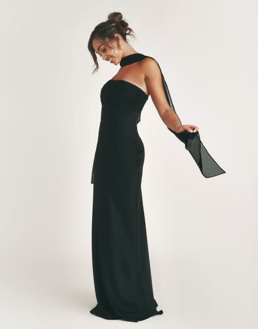 Six Stories Bridesmaid satin bandeau scarf detail bias maxi dress in black  | ASOS