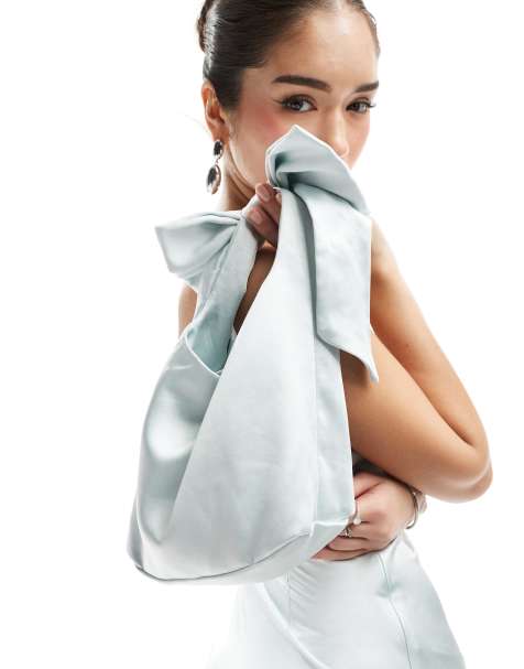 Six Stories Bridesmaid satin bow pouch bag in ice blue - view 1