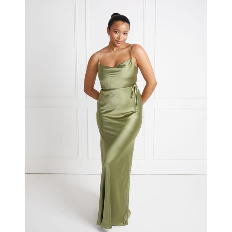 Six Stories Cami Cowl Front Satin Bridesmaid Dress - Moss Green