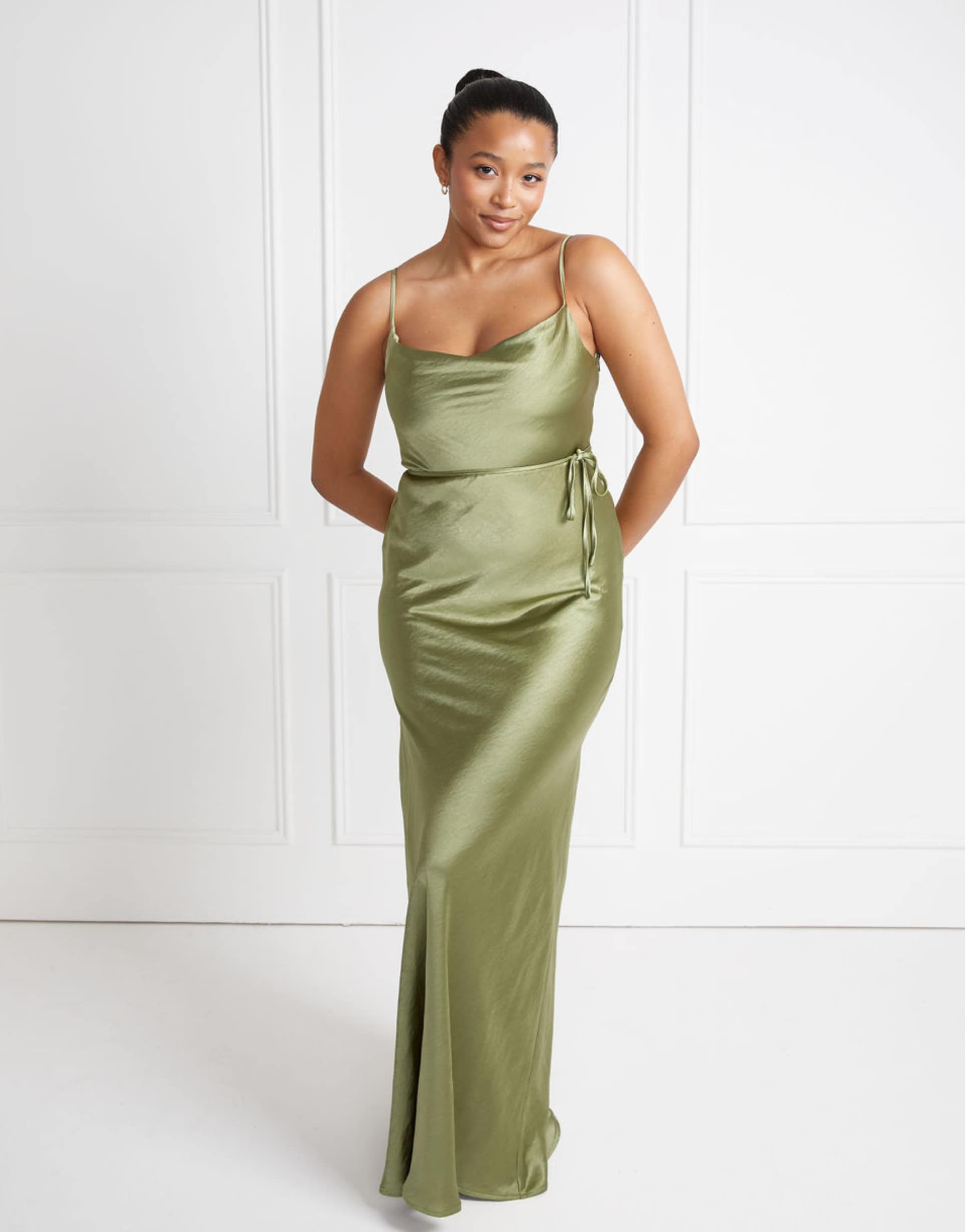 six stories bridesmaid satin cami bias maxi dress in moss green
