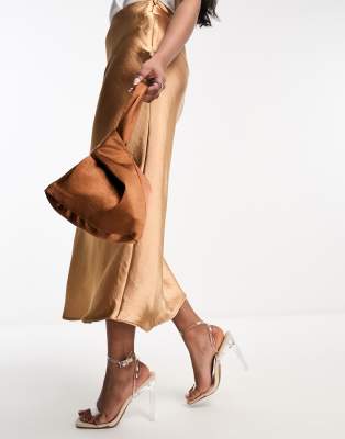 Six Stories Six Stories Bridesmaid satin co-ord pouch bag in rust-Copper