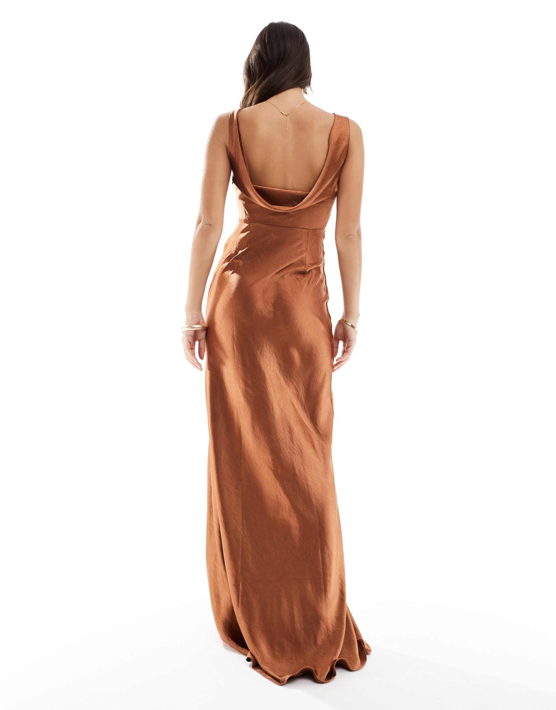 six stories bridesmaid satin cowl back maxi dress in rust