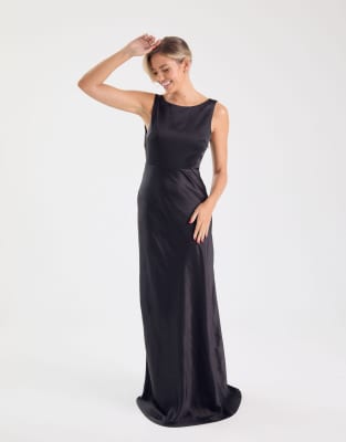 Six Stories Bridesmaid satin cowl v-back maxi dress in black | ASOS
