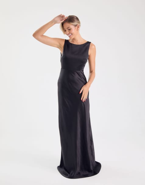 Six Stories Bridesmaid satin cowl v-back maxi dress in black - view 1