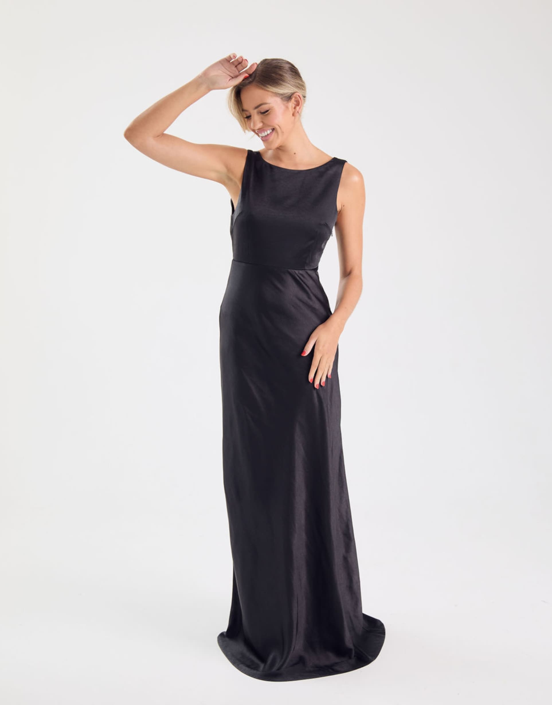 six stories bridesmaid satin cowl v-back maxi dress in black