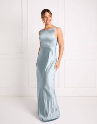 Six Stories Bridesmaid Satin Cowl V Back Maxi Dress In Blue