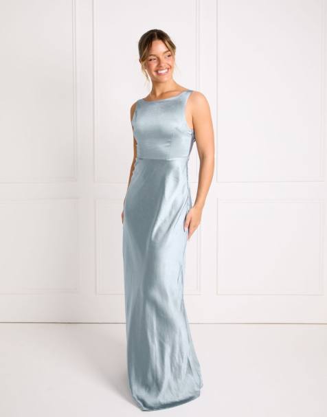 Six Stories Bridesmaid satin cowl v-back maxi dress in pale blue - view 1