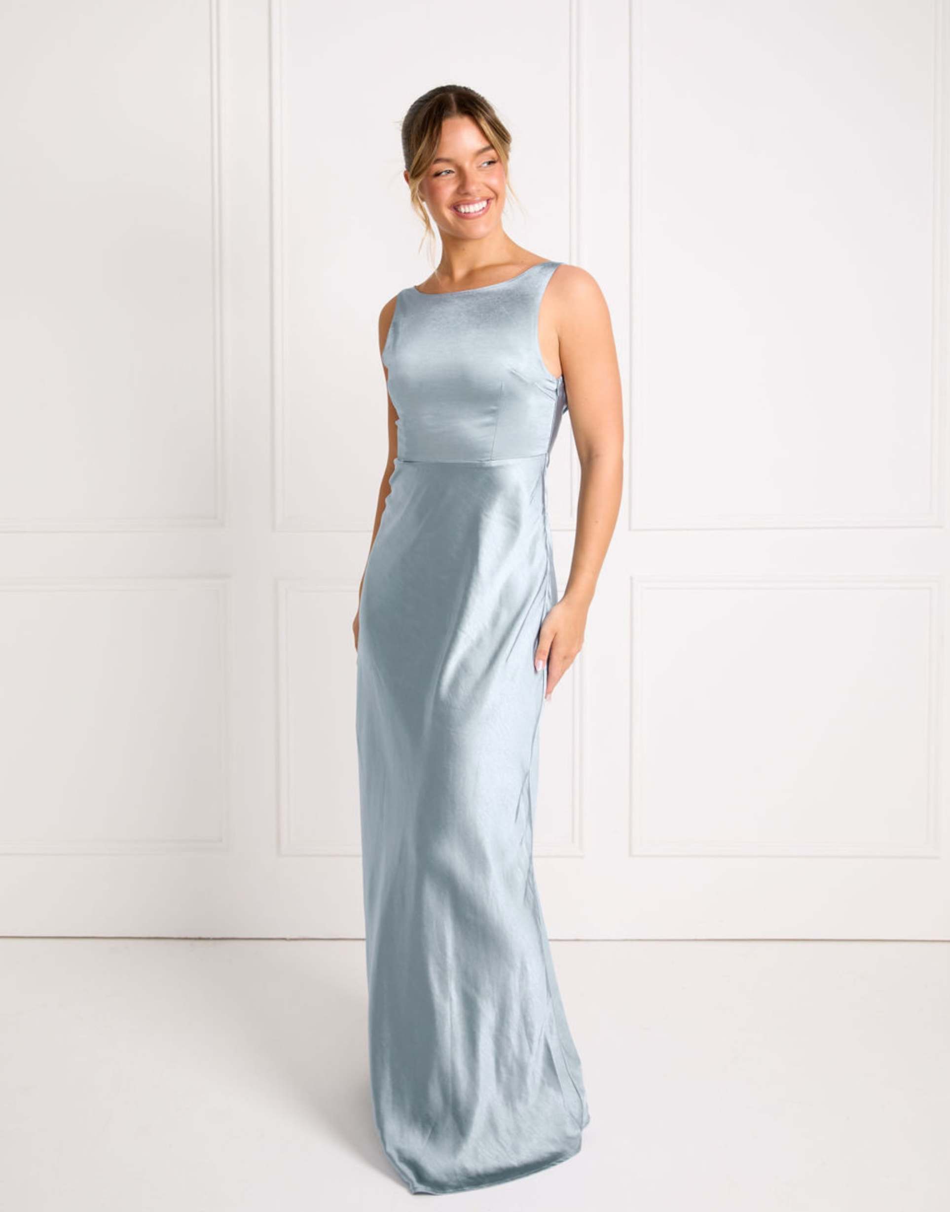 six stories bridesmaid satin cowl v-back maxi dress in pale blue