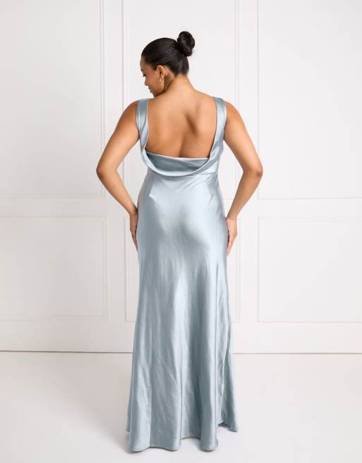 Six Stories Bridesmaid satin cowl v back maxi dress in pale blue, 2 of 4