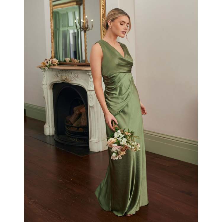 moss green satin bridesmaid dress Azazie Saige