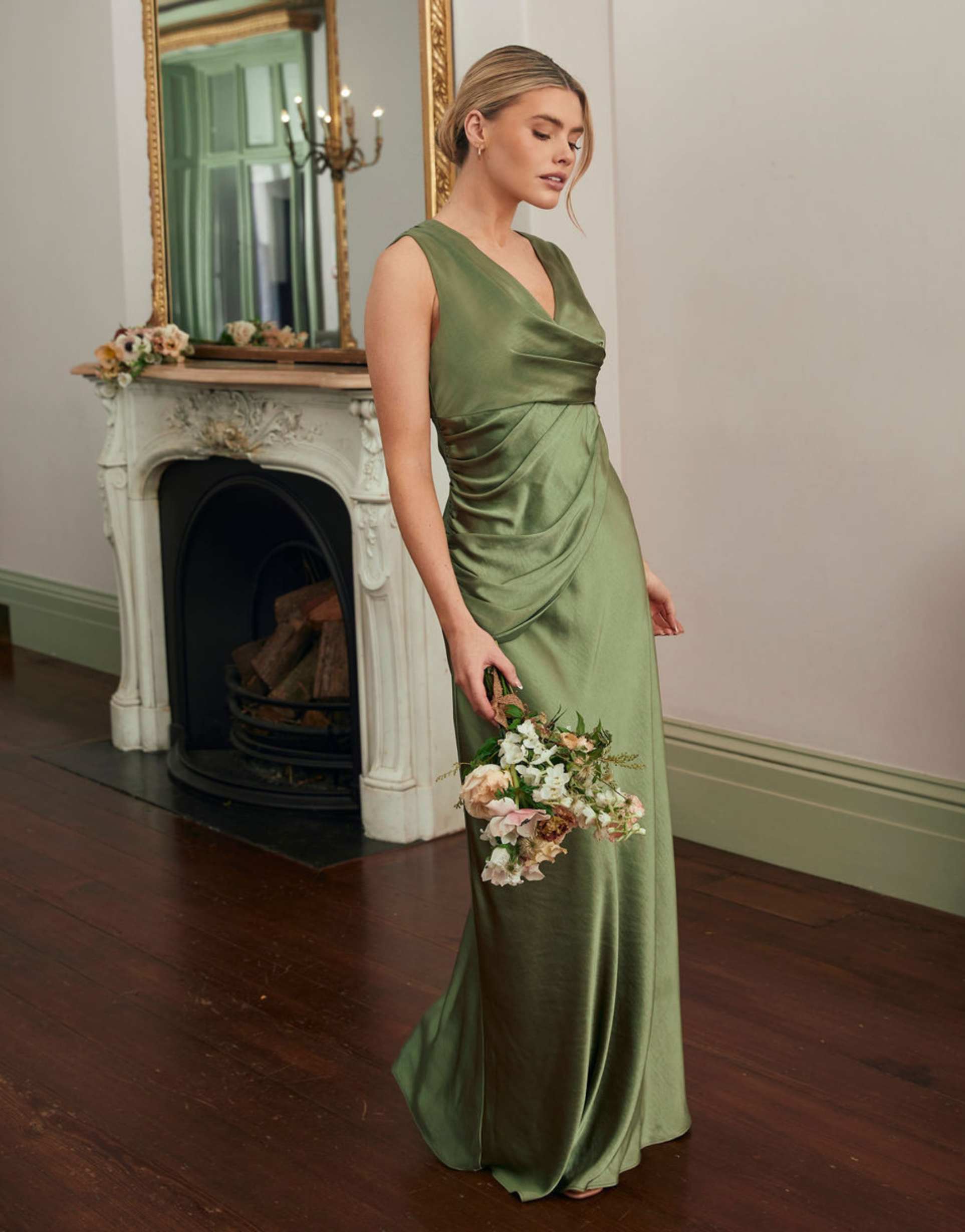six stories bridesmaid satin cowl v-neck maxi dress in moss green