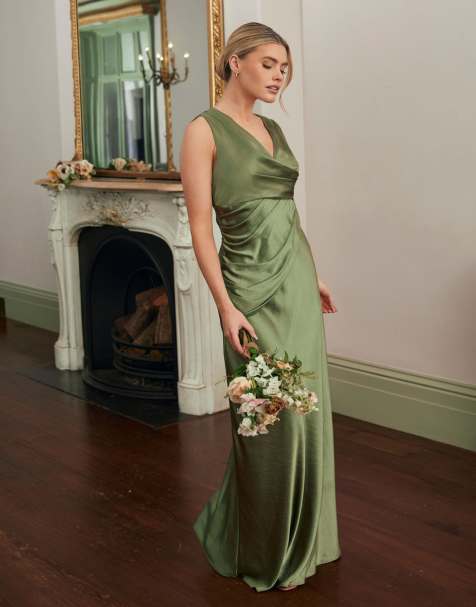 Six Stories Bridesmaid satin cowl v neck maxi dress in moss green