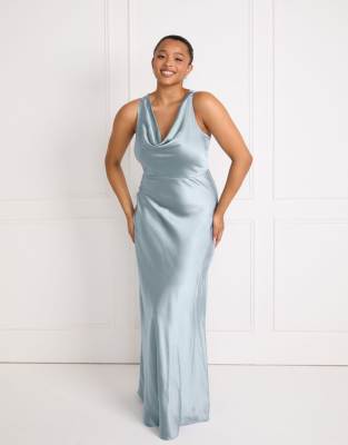 Six Stories Bridesmaid Satin Cowl V Neck Maxi Dress In Blue