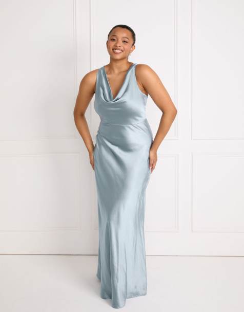 Six Stories Bridesmaid satin cowl v neck maxi dress in pale blue - view 1
