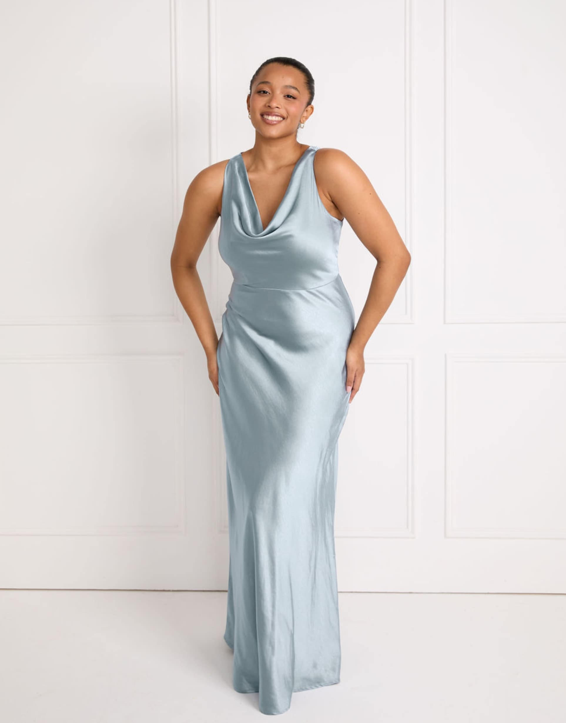 six stories bridesmaid satin cowl v-neck maxi dress in pale blue