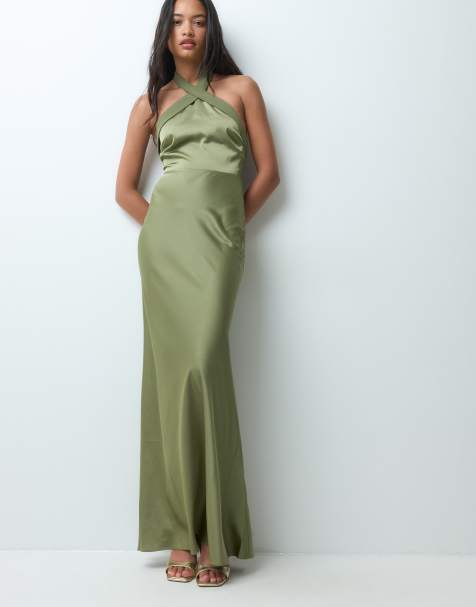 Six Stories Bridesmaid satin cross halter neck low back maxi dress in olive - view 1