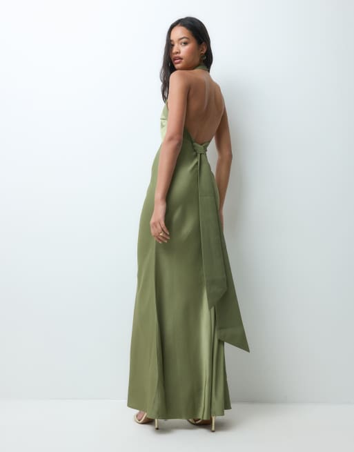Six Stories Bridesmaid satin cross halter neck low back maxi dress in olive, 4 of 5