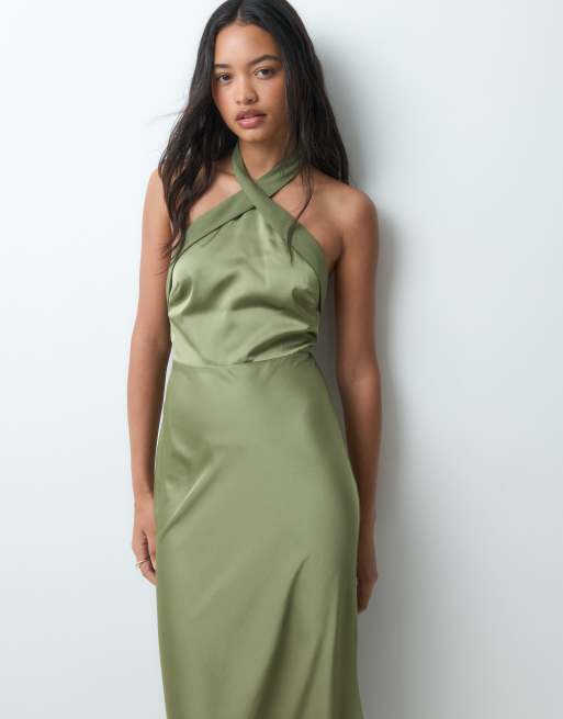 Six Stories Bridesmaid satin cross over halter neck maxi dress in olive ...