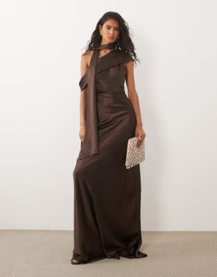 Six Stories Bridesmaid Satin Drape Detail One Shoulder Maxi Dress In Brown