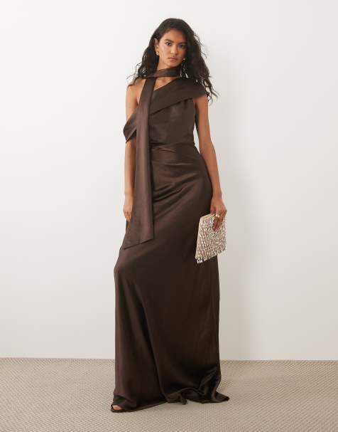 Six Stories Bridesmaid satin drape detail one shoulder maxi dress in chocolate - view 1