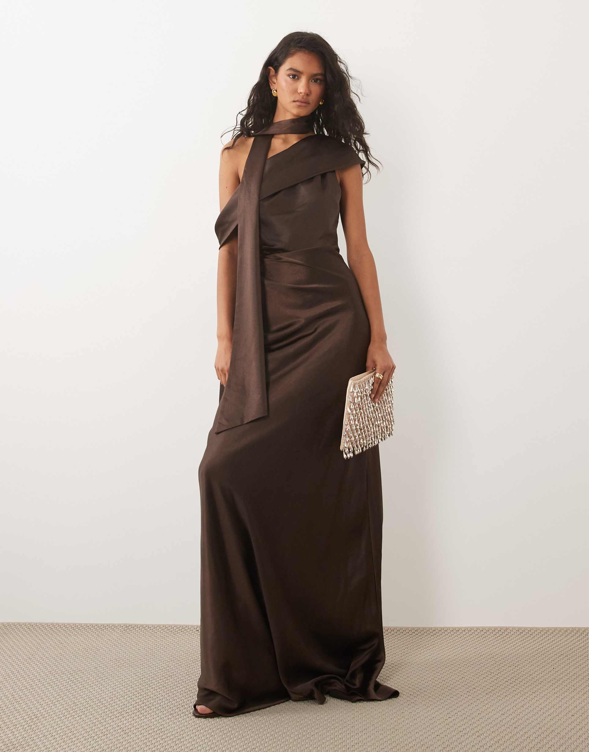 six stories bridesmaid satin drape detail one shoulder maxi dress in chocolate