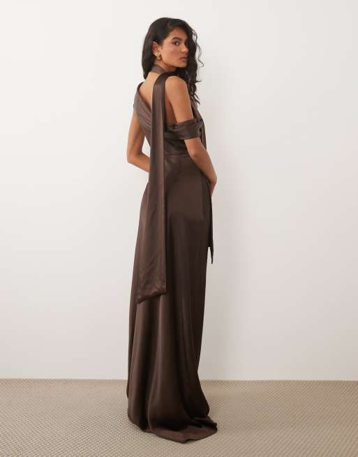 Six Stories Bridesmaid satin drape detail one shoulder maxi dress in chocolate, 3 of 4