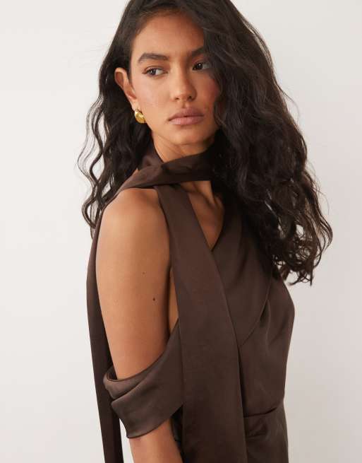 Six Stories Bridesmaid satin drape detail one shoulder maxi dress in chocolate, 4 of 4