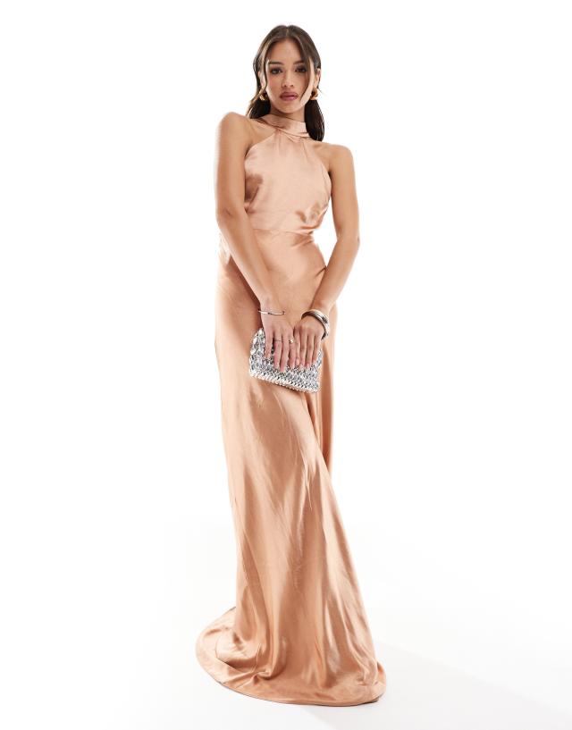 Six Stories - bridesmaid satin halter maxi dress in burnt peach co-ord