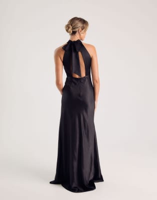 Six Stories Bridesmaid Satin Halter Neck Maxi Dress In Black