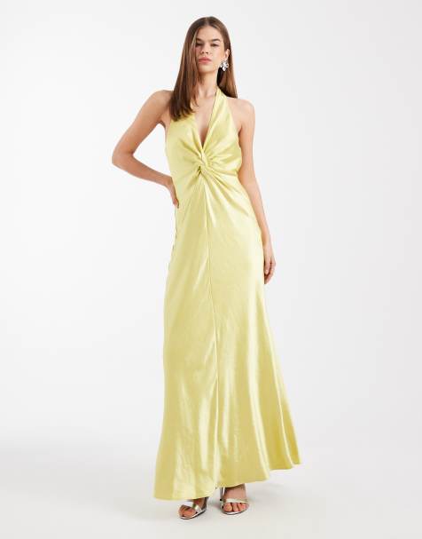Six Stories Bridesmaid satin halter neck plunge twist detail maxi dress in yellow - view 1
