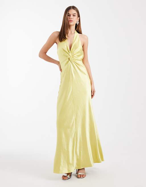 yellow silk bridesmaid dresses Carnation Satin Maxi Dress - US 10 evening party or any other occasions S Butter Yellow Chiffon V-Neck