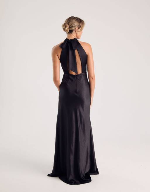 Six Stories Bridesmaid satin halterneck maxi dress in black | ASOS
