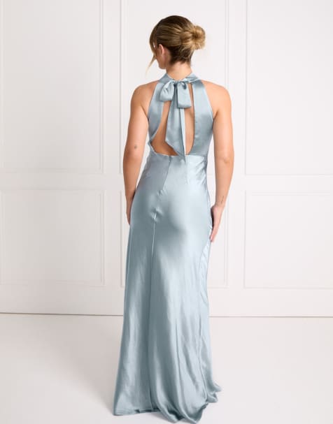 Six Stories Bridesmaid satin halterneck maxi dress in pale blue - view 1
