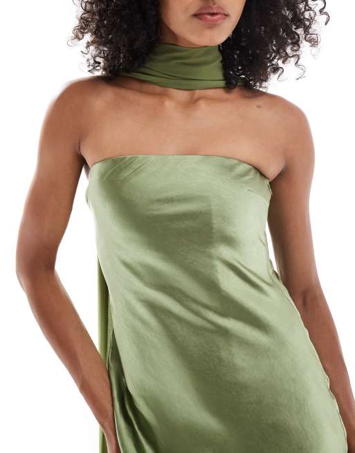 Six Stories Bridesmaid satin maxi dress with chiffon neck scarf in moss  green | ASOS