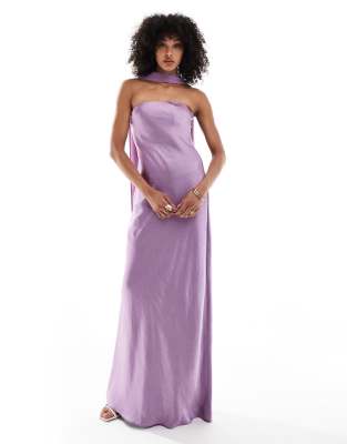 Six Stories Bridesmaid satin maxi dress with chiffon neck scarf in orchid - view 1
