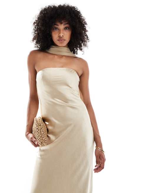 Six Stories Bridesmaid satin maxi dress with chiffon neck scarf in soft gold