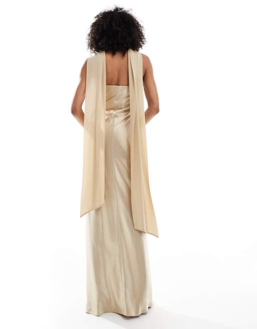 Six Stories Bridesmaid satin maxi dress with chiffon neck scarf in soft gold