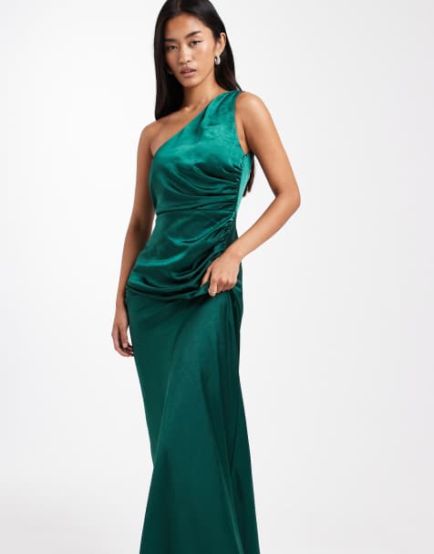 Six Stories – Bridesmaid – Satin-Maxikleid in Dunkelgrün mit One-Shoulder-Träger - view 1