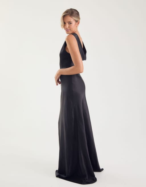 Six Stories – Bridesmaid – Satin-Maxikleid in Schwarz mit v-förmigem Wasserfall-Rückenausschnitt, 3 von 4