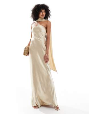 Six Stories - Bridesmaid - Satin-Maxikleid in zartem Gold mit Chiffon-Schal-Goldfarben