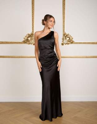 Six Stories Bridesmaid Satin One-shoulder Bias Maxi Dress In Black