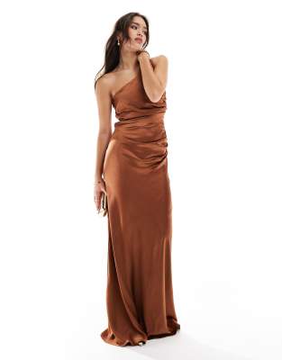 Six Stories Six Stories Bridesmaid satin one shoulder maxi dress in rust-Brown