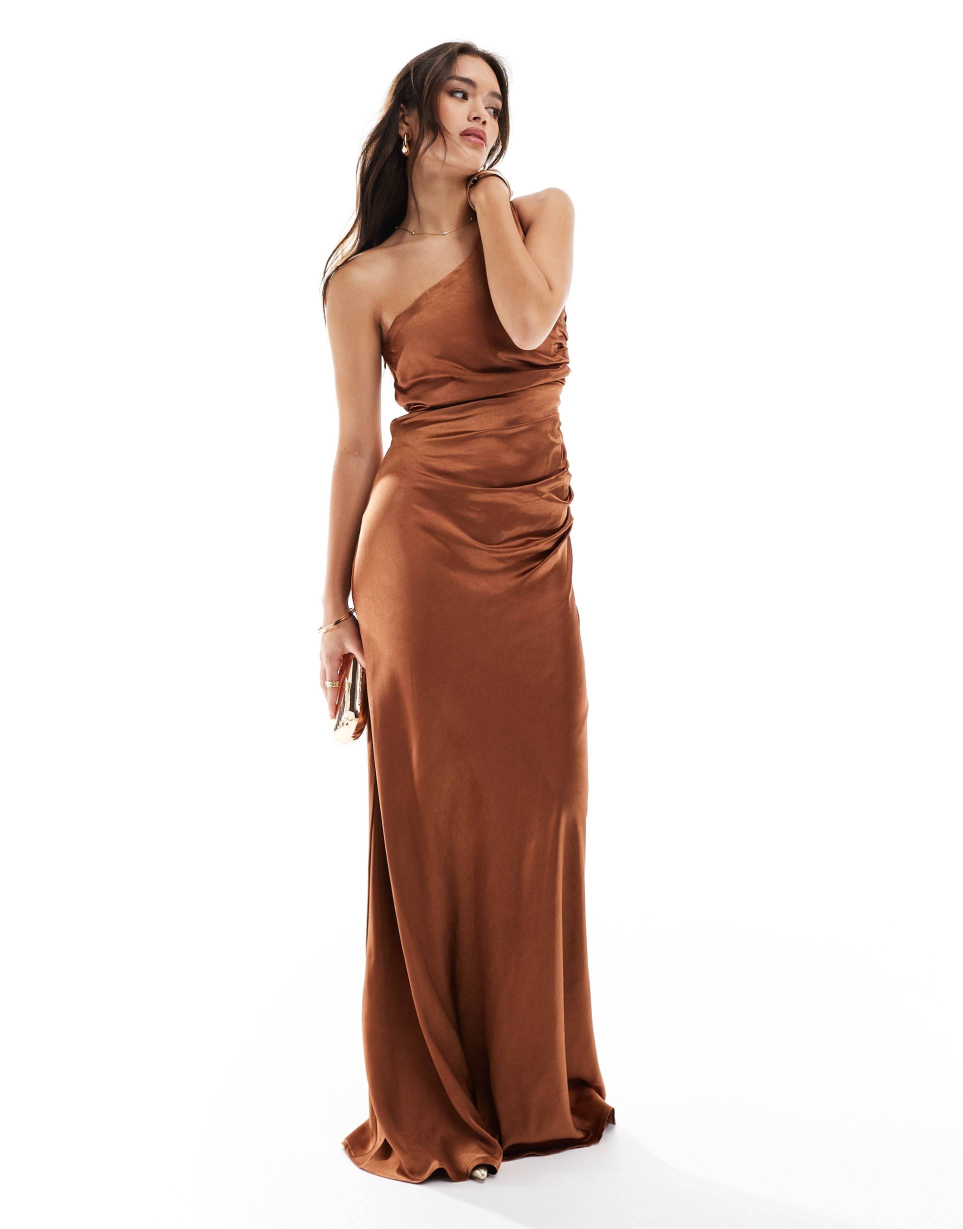 six stories bridesmaid satin one shoulder maxi dress in rust