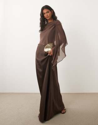 Six Stories Bridesmaid Satin Square Neck Chiffon Cape Detail Maxi Dress In Brown