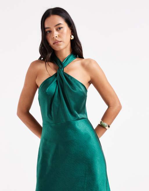 Six Stories Bridesmaid satin twist detail halter neck maxi dress in emerald  green