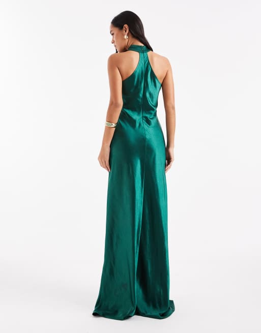 Six Stories Bridesmaid satin twist detail halterneck maxi dress in emerald green
