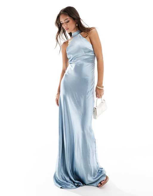 Six Stories Bridesmaid – Satynowa sukienka maxi z dekoltem halter w zgaszonym kolorze niebieskim