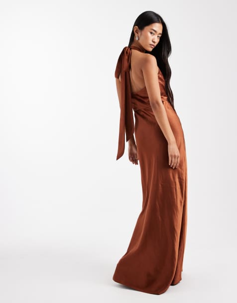 Six Stories Bridesmaid twist front satin maxi dress in rust